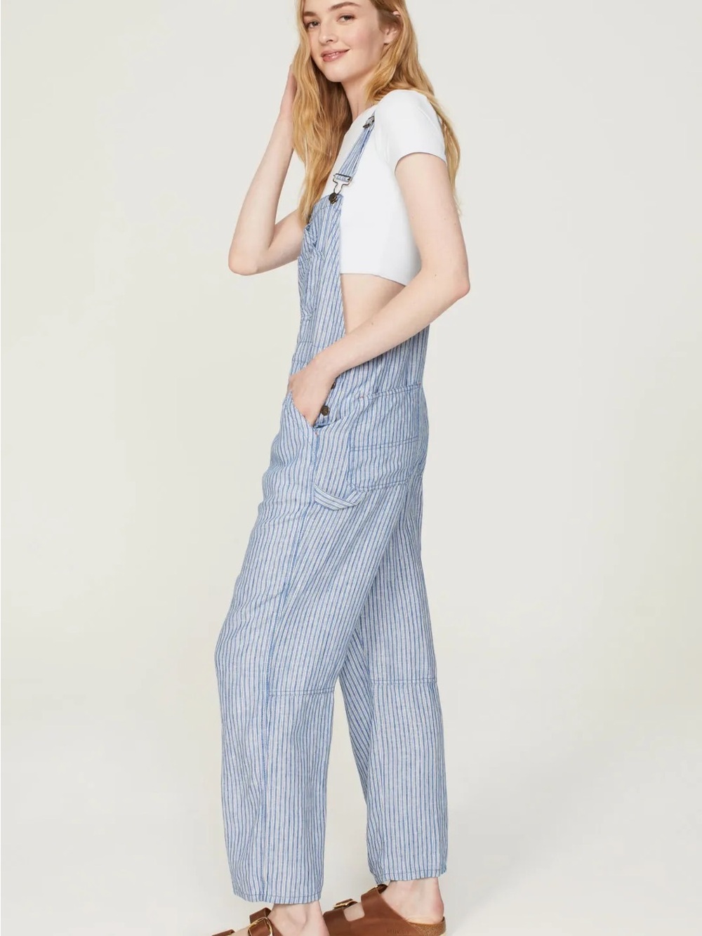 Faherty Blue & White linen railroad stripe Overalls - Picture 5 of 10